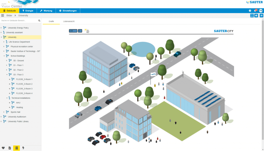 Hier ist ein Screenshot vom Sauter Vision Center ersichtlich. Eine benutzerfreundliche Bedienungsoberfläche, mit vielen Anpassungsmöglichkeiten.